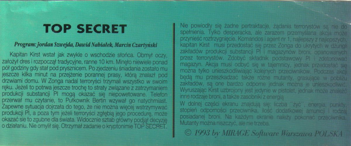 Back Cover for Top Secret (Atari 8-bit) (5.25" disk release): Sleeve