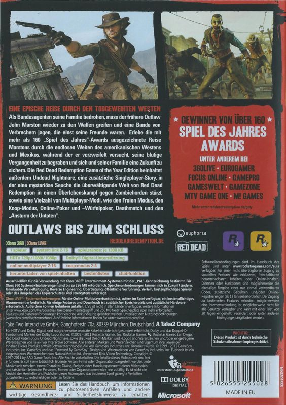 Back Cover for Red Dead Redemption: Game of the Year Edition (Xbox 360)