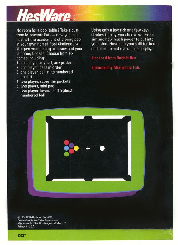 Back Cover for Minnesota Fats' Pool Challenge (Commodore 64)