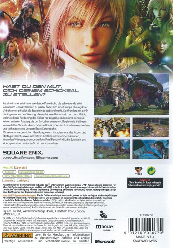 Back Cover for Final Fantasy XIII (Xbox 360) (Classics release)