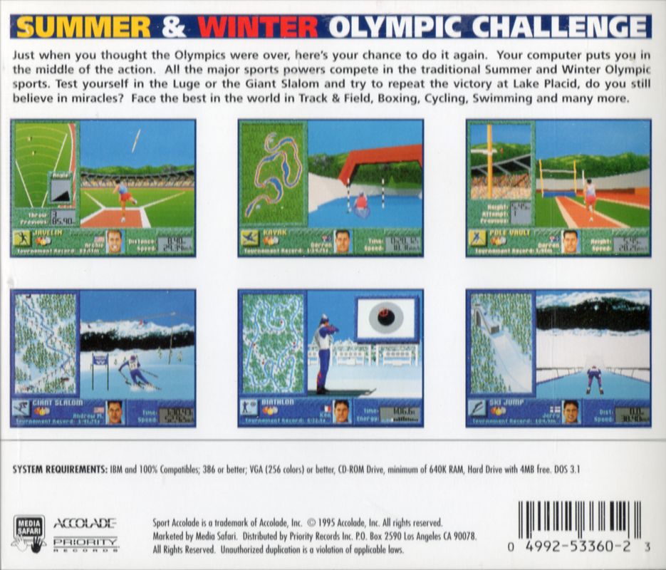 Back Cover for Summer & Winter: Olympic Challenge (DOS)
