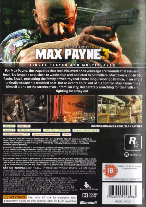 Back Cover for Max Payne 3 (Xbox 360)