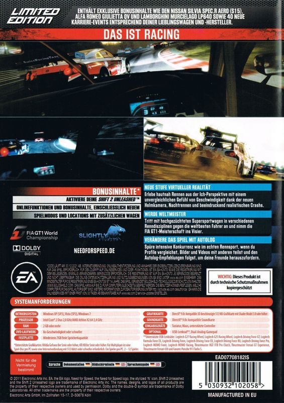 Back Cover for Shift 2: Unleashed (Limited Edition) (Windows)