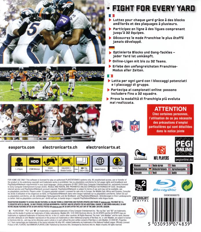 Back Cover for Madden NFL 10 (PlayStation 3)
