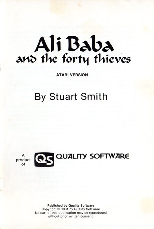 Manual for Ali Baba and the Forty Thieves (Atari 8-bit) (Cardboard Folder Version)