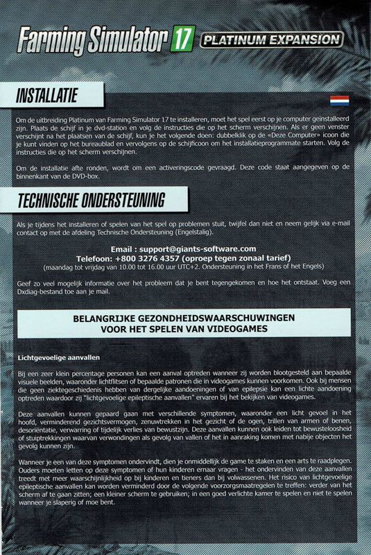 Manual for Farming Simulator 17: Platinum Expansion (Windows): Front