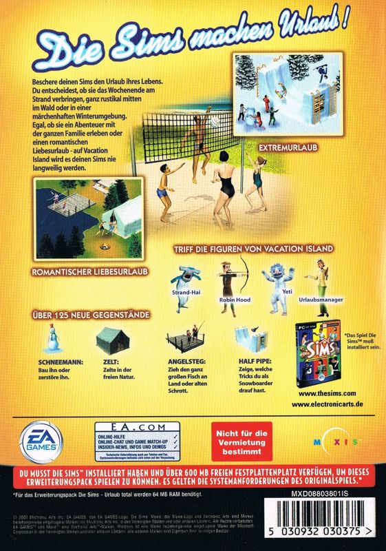 Back Cover for The Sims: Vacation (Windows) (Re-release)