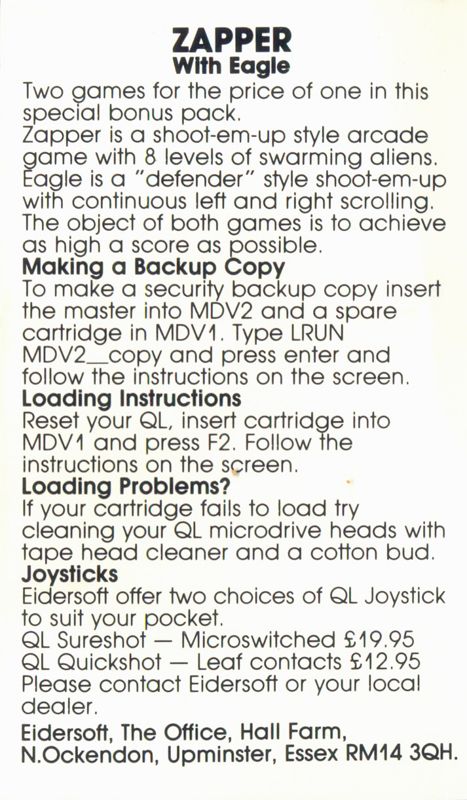 Inside Cover for Zapper with Eagle (Sinclair QL)