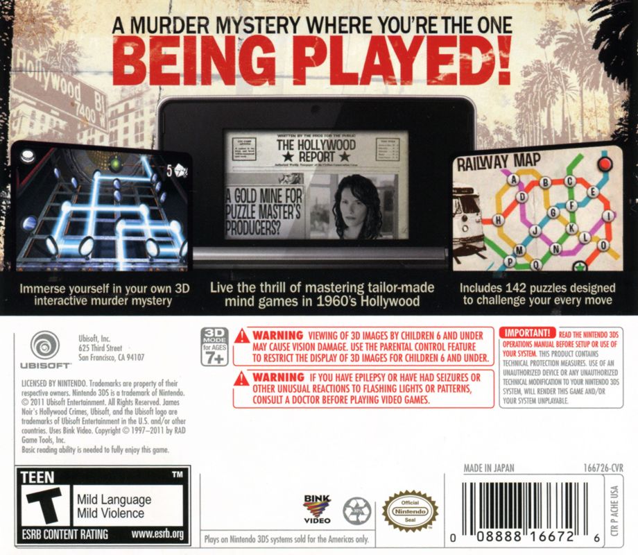 Back Cover for James Noir's Hollywood Crimes (Nintendo 3DS)
