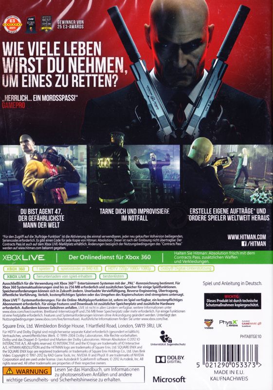 Back Cover for Hitman: Absolution - Outfit Edition (Xbox 360)