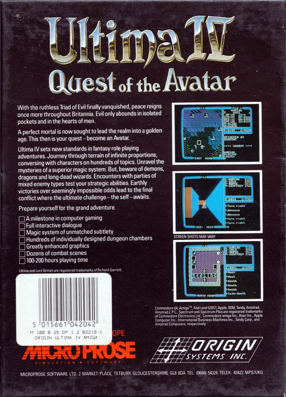 Back Cover for Ultima IV: Quest of the Avatar (Amiga)