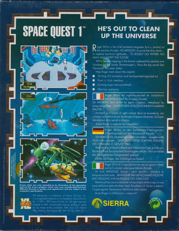 Back Cover for Space Quest I: Roger Wilco in the Sarien Encounter (DOS) (KIXX XL CD-ROM re-release)