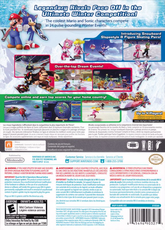 Back Cover for Mario & Sonic at the Olympic Winter Games: Sochi 2014 (Wii U) (Wii Remote Plus bundle)