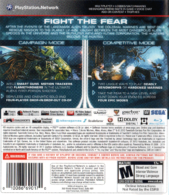 Back Cover for Aliens: Colonial Marines (PlayStation 3)