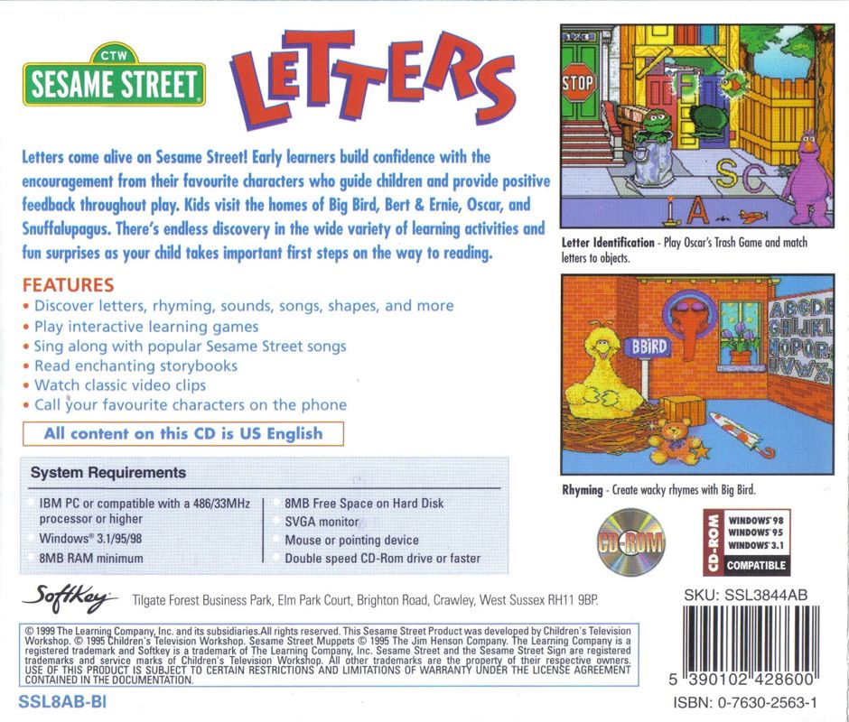 Back Cover for Sesame Street: Letters (Windows and Windows 3.x)