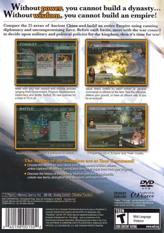 Back Cover for Dynasty Warriors 5: Empires (PlayStation 2)