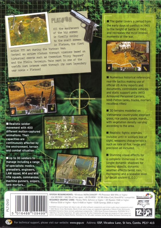 Back Cover for Platoon (Windows) (GSP Budget release)