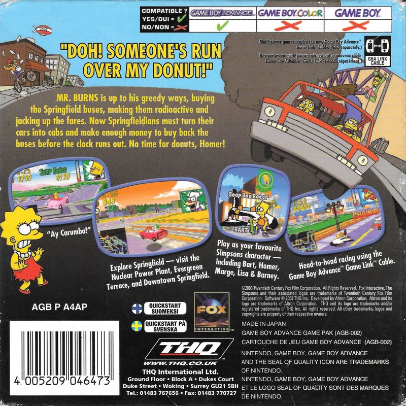 Back Cover for The Simpsons: Road Rage (Game Boy Advance)