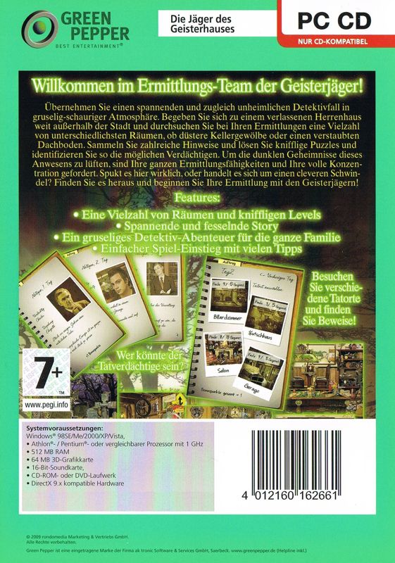 Back Cover for G.H.O.S.T. Hunters: The Haunting of Majesty Manor (Windows) (Green Pepper release)
