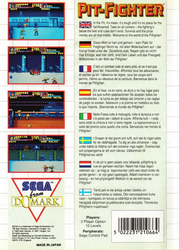 Back Cover for Pit-Fighter (SEGA Master System)