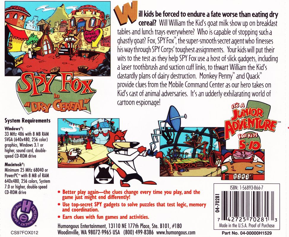 Other for Spy Fox in "Dry Cereal" (Macintosh and Windows and Windows 3.x): Jewel Case - back