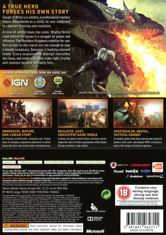 Back Cover for The Witcher 2: Assassins of Kings - Enhanced Edition (Xbox 360)