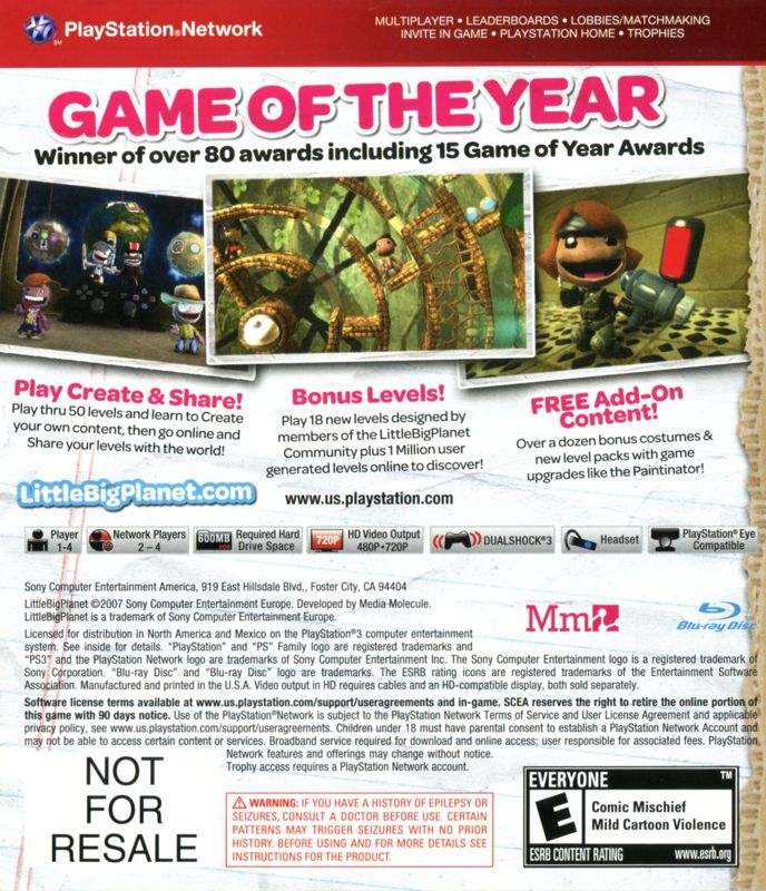 Other for LittleBigPlanet: Game of the Year Edition (PlayStation 3) (Bundled w/ 250GB slim PS3 console): Keep Case - Back