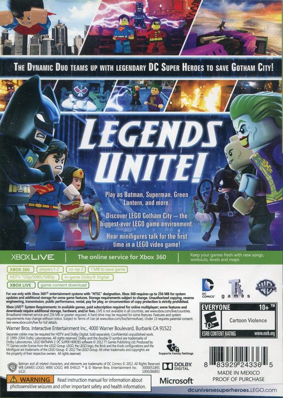 Back Cover for LEGO Batman 2: DC Super Heroes (Xbox 360) (Platinum Hits / Best Seller release)