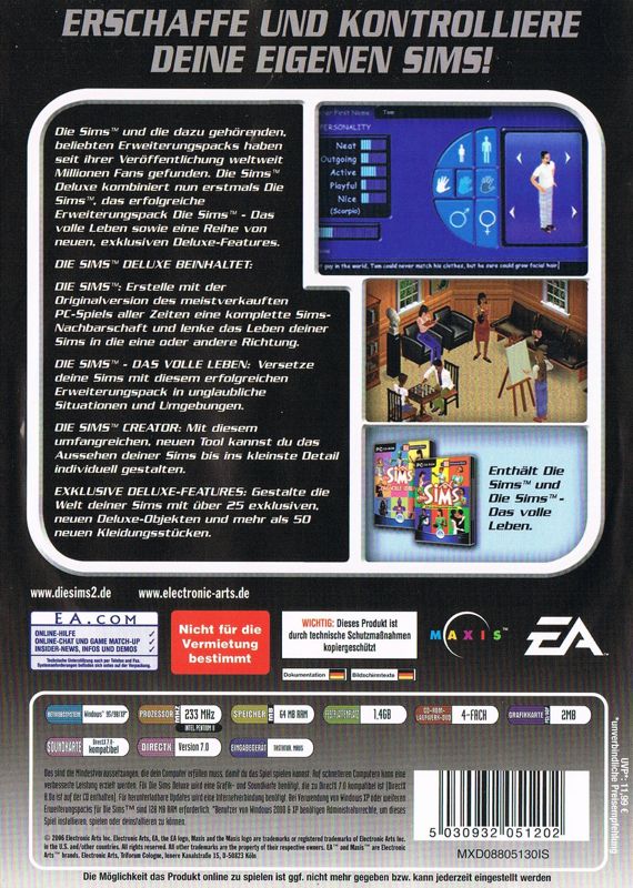 Back Cover for The Sims: Deluxe Edition (Windows) (EA Most Wanted release)