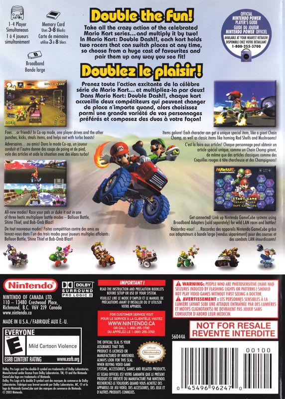 Back Cover for Mario Kart: Double Dash!! (GameCube) (Not for Resale release)