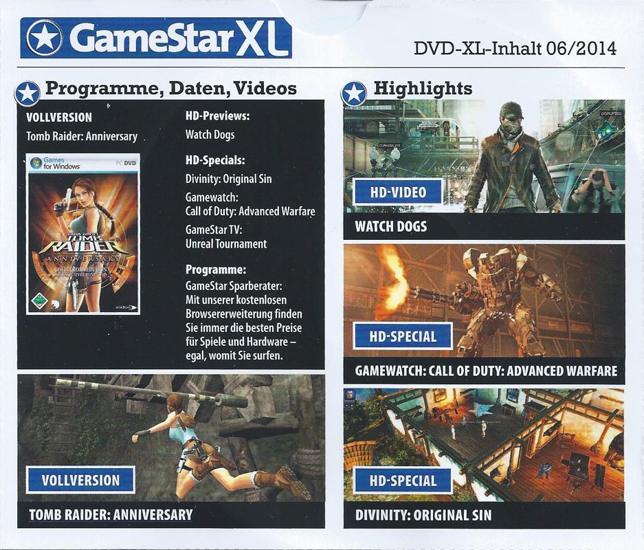 Back Cover for Lara Croft: Tomb Raider - Anniversary (Windows) (GameStar XL 06/2014 covermount)