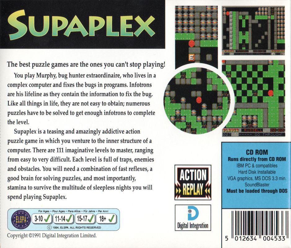 Back Cover for Supaplex (DOS) (Action Replay release)
