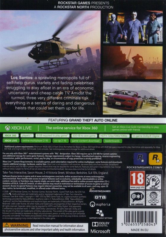 Back Cover for Grand Theft Auto V (Xbox 360)