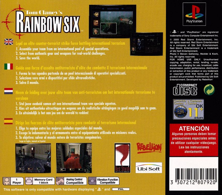 Back Cover for Tom Clancy's Rainbow Six (PlayStation) (Ubisoft eXclusive release)
