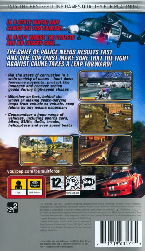 Back Cover for Pursuit Force (PSP) (Platinum release)
