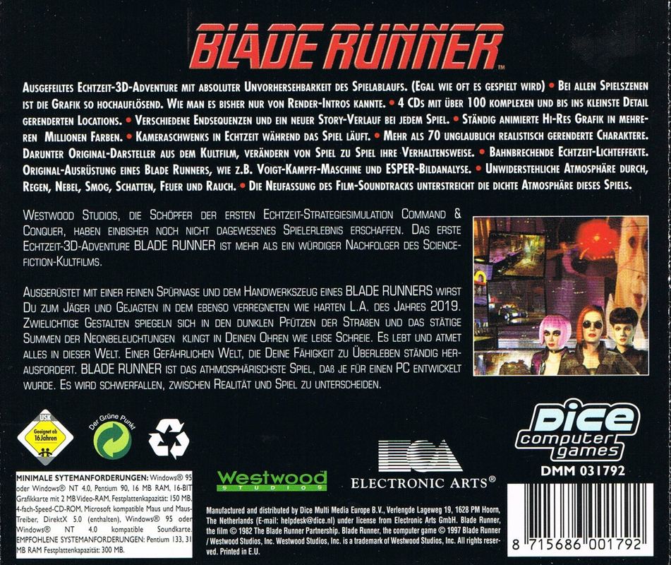 Other for Blade Runner (Windows) (Dice Multimedia release): Jewel Case - Back