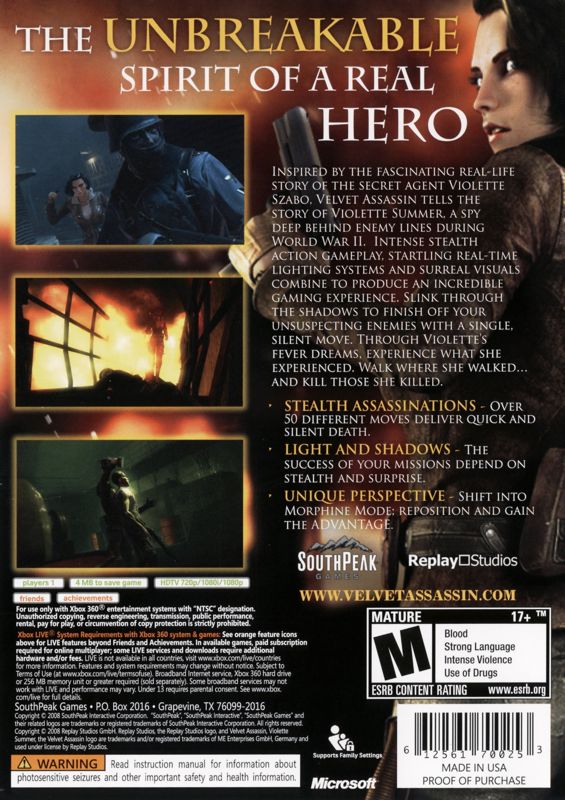Back Cover for Velvet Assassin (Xbox 360)