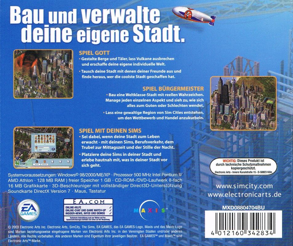 Back Cover for SimCity 4 (Windows) (Budget re-release with old USK Logo)