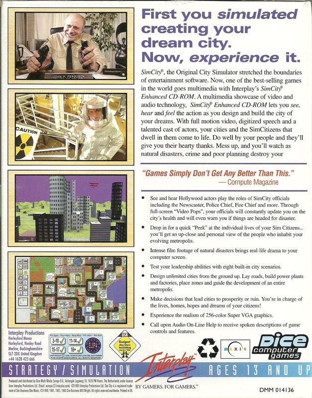 Back Cover for SimCity: Enhanced CD-ROM (DOS) (Dice Multimedia release)