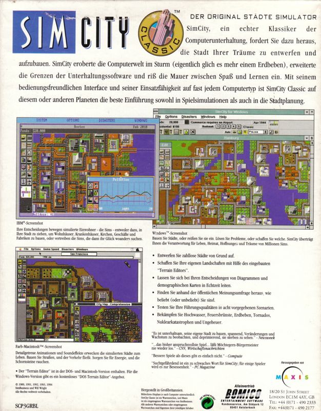 Back Cover for SimCity Classic (Windows 3.x)