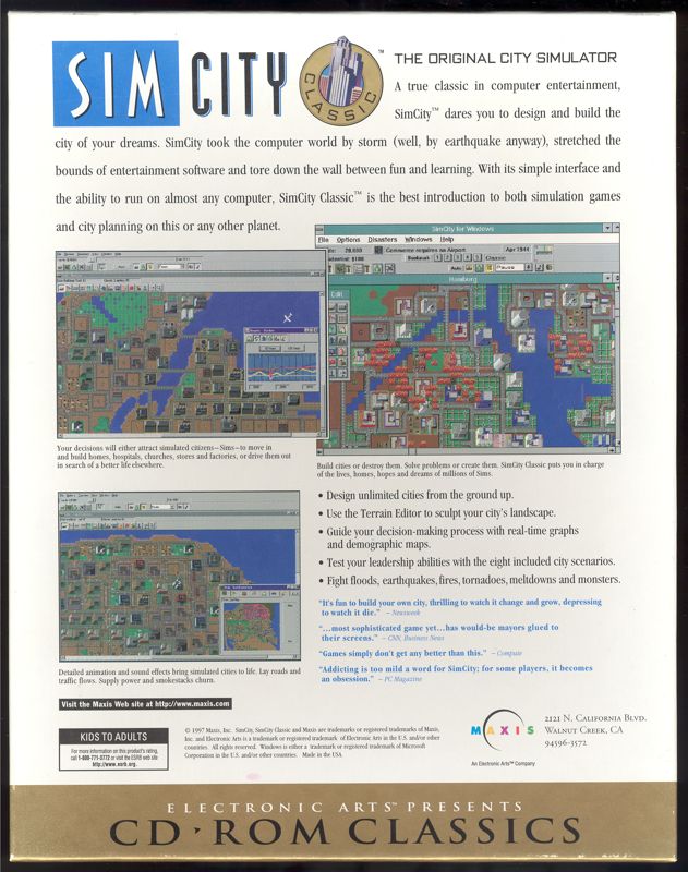 Back Cover for SimCity Classic (Windows 3.x) (EA CD-ROM Classics release (1997))