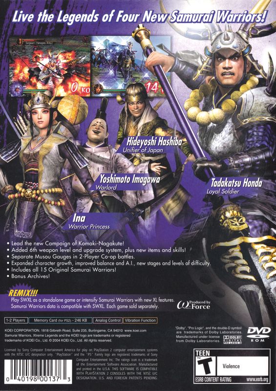 Back Cover for Samurai Warriors: Xtreme Legends (PlayStation 2)