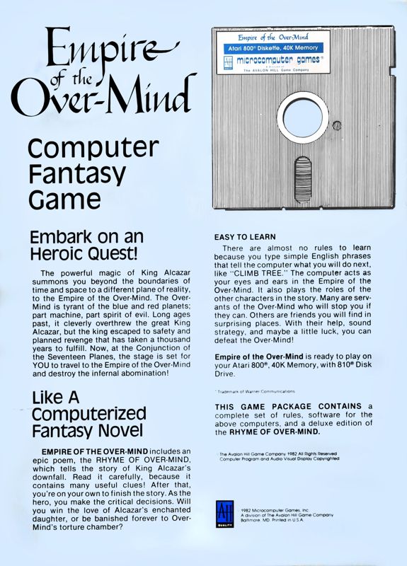 Back Cover for Empire of the Over-Mind (Atari 8-bit) (Atari 1982 Diskette release)