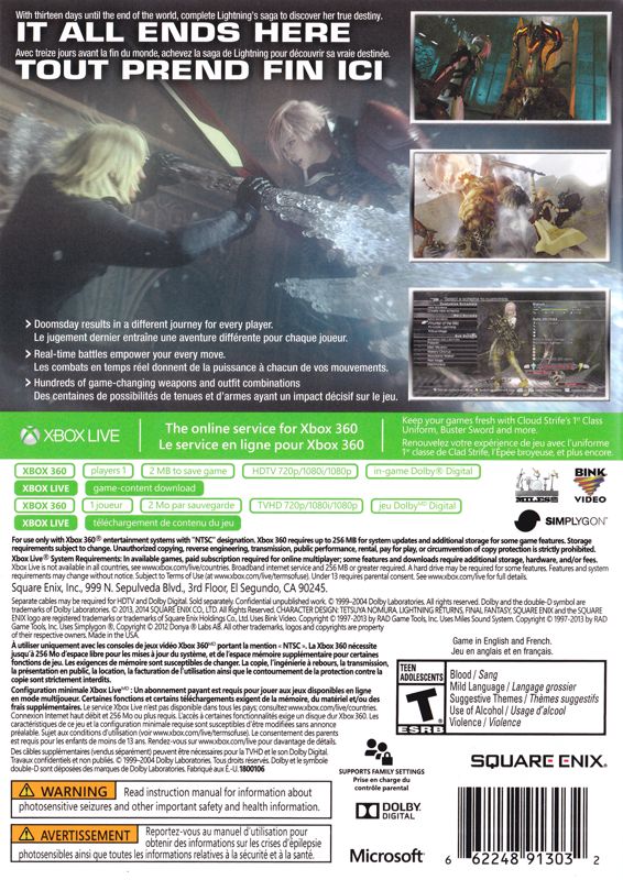 Back Cover for Lightning Returns: Final Fantasy XIII (Xbox 360) (With FFVII Cloud DLC Voucher)