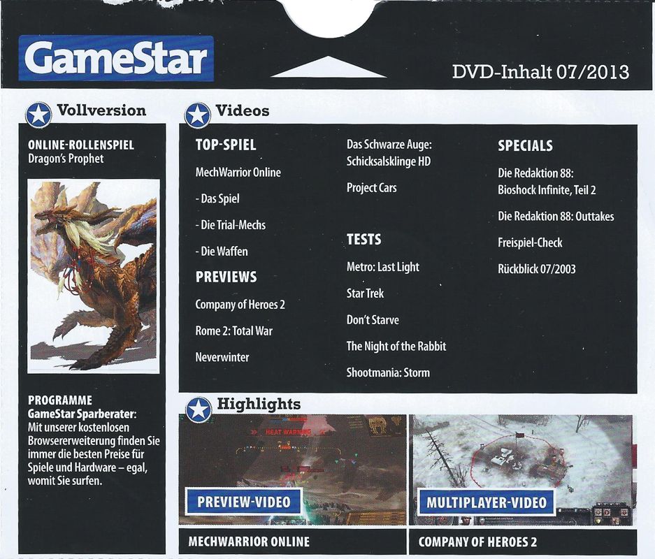 Back Cover for Dragon's Prophet (Windows) (GameStar 07/2013 covermount)