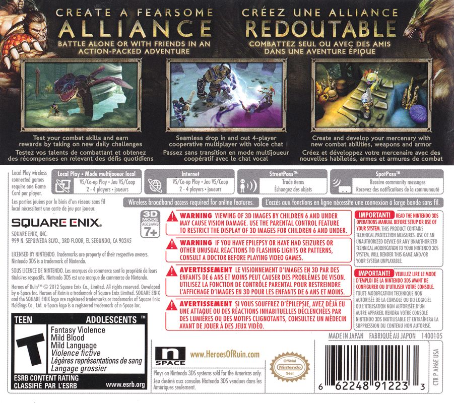 Back Cover for Heroes of Ruin (Nintendo 3DS)