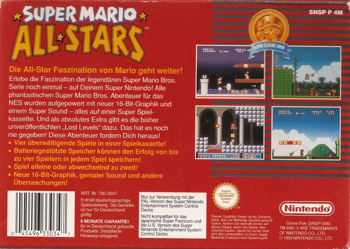 Back Cover for Super Mario All-Stars (SNES) (Super Classic Serie)