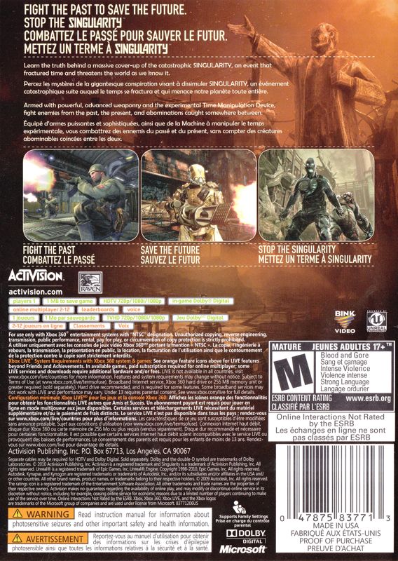 Back Cover for Singularity (Xbox 360)