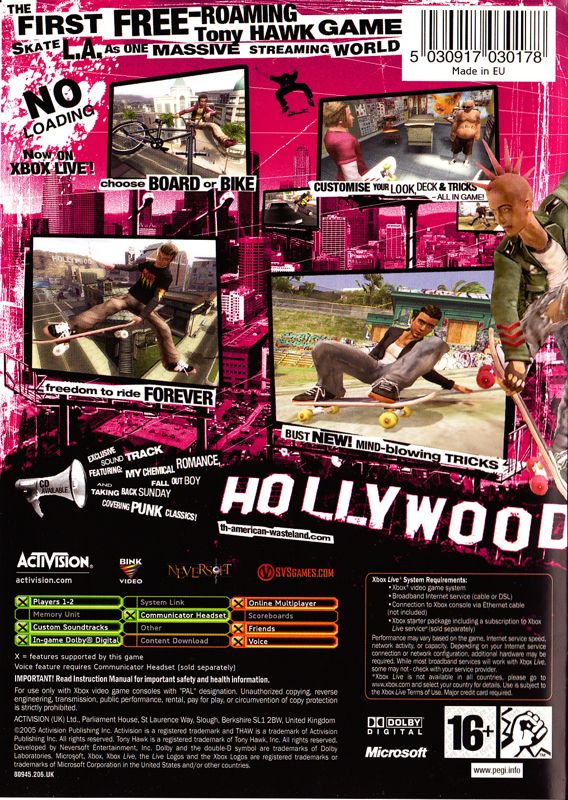 Back Cover for Tony Hawk's American Wasteland (Xbox)