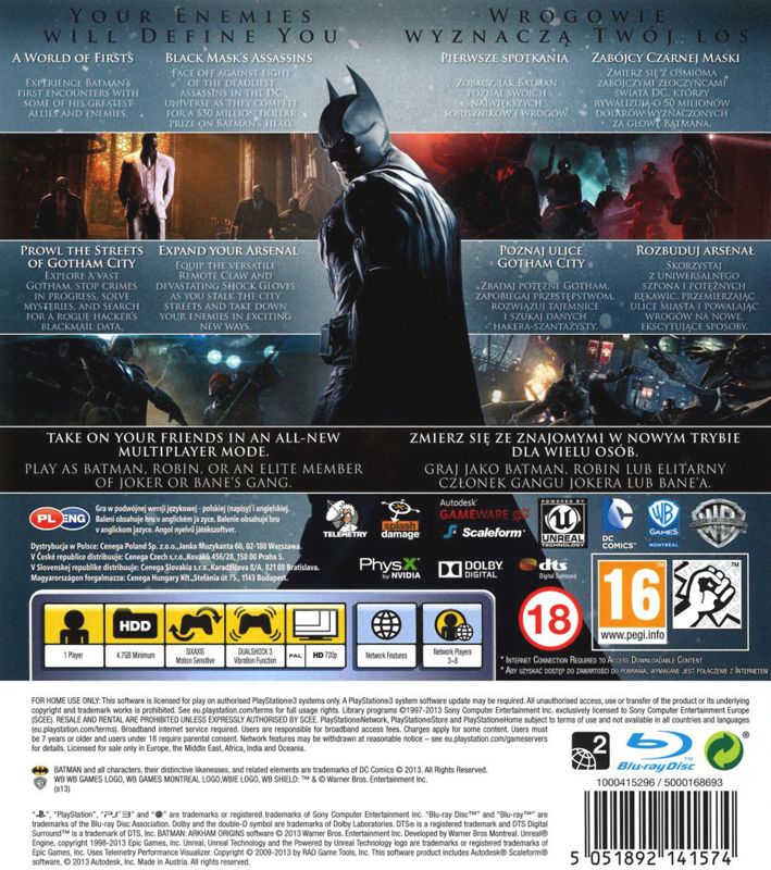 Back Cover for Batman: Arkham Origins (PlayStation 3)